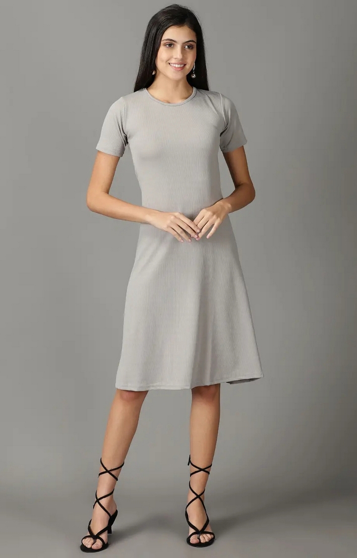Showoff | SHOWOFF Women Grey Solid Round Neck Short Sleeves Knee length A-Line Dress 0
