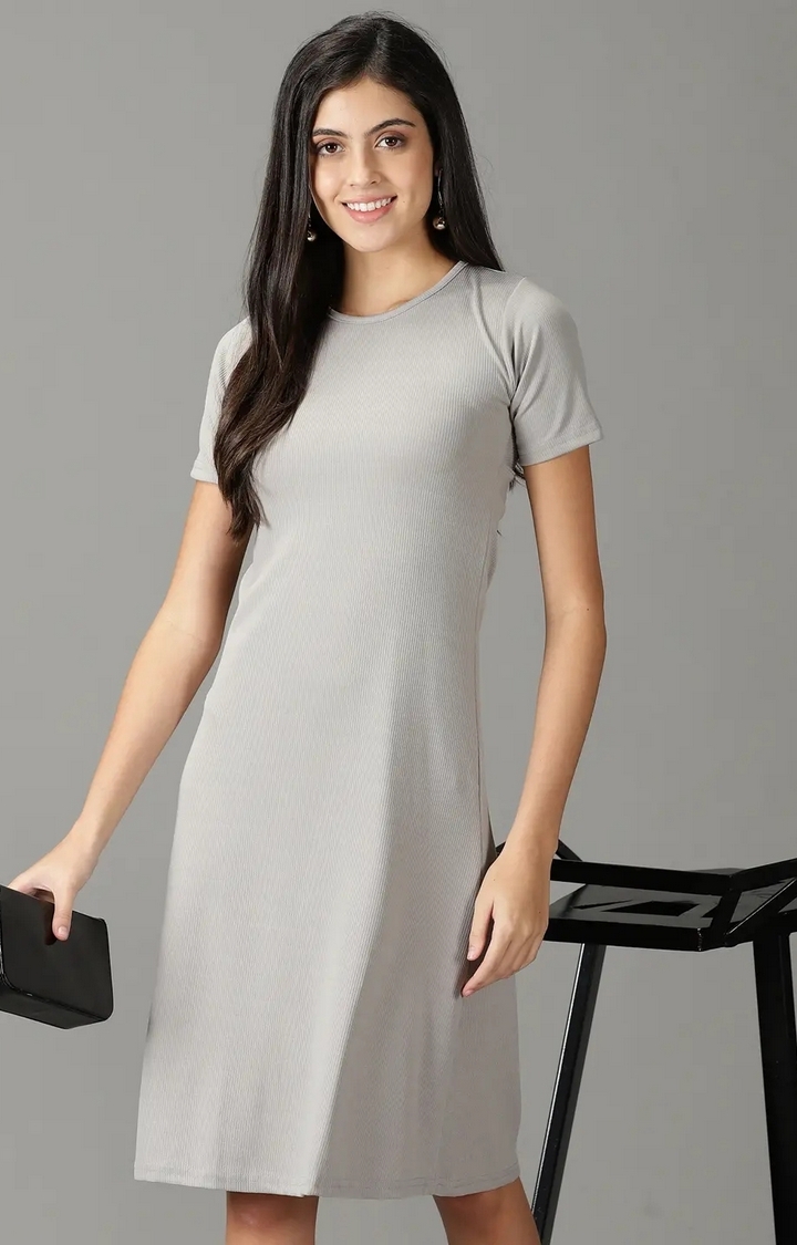 Showoff | SHOWOFF Women Grey Solid Round Neck Short Sleeves Knee length A-Line Dress 1