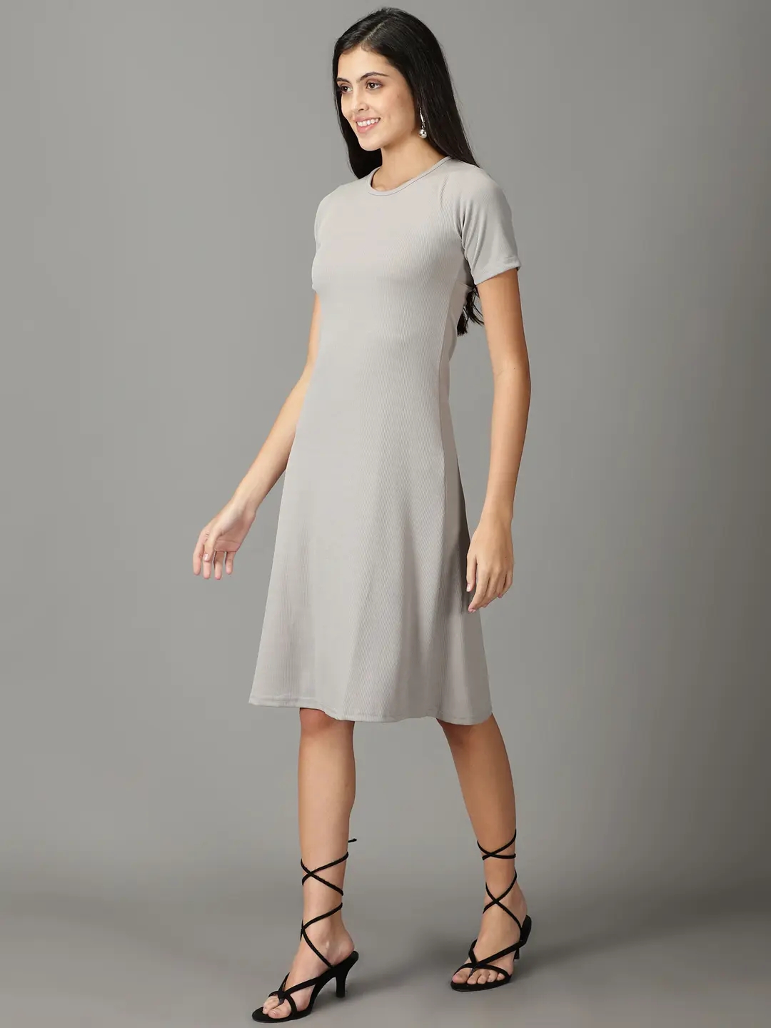 Showoff | SHOWOFF Women Grey Solid Round Neck Short Sleeves Knee length A-Line Dress 2