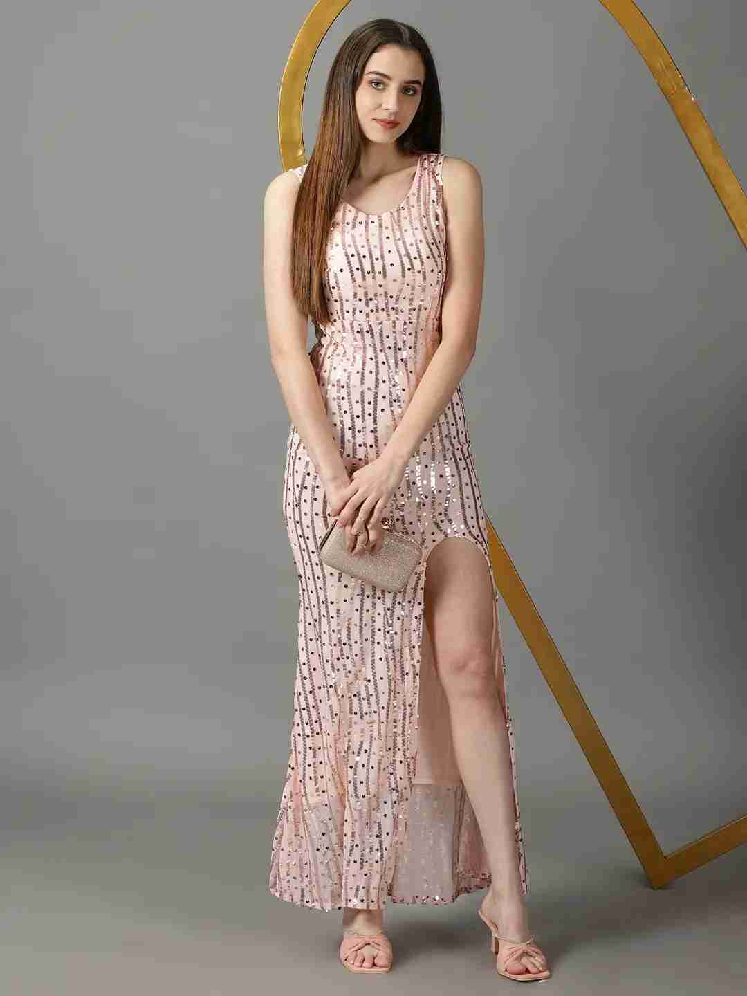 SHOWOFF Women Peach Embellished Round Neck Sleeveless Maxi Bodycon Dress