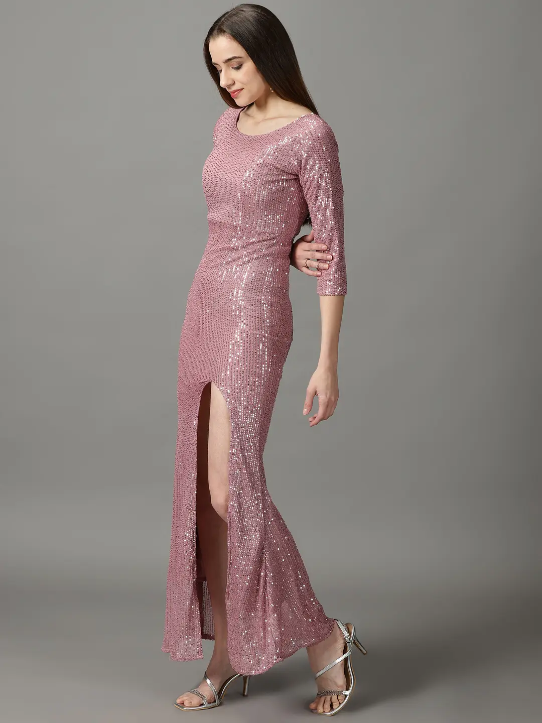SHOWOFF Women Pink Embellished Round Neck Three-Quarter Sleeves Maxi Bodycon Dress