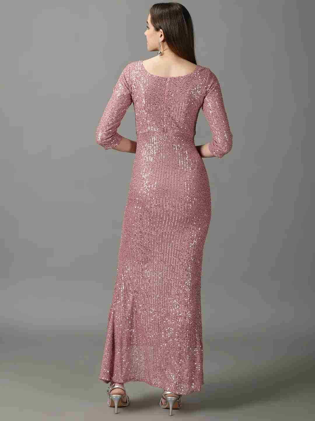 SHOWOFF Women Pink Embellished Round Neck Three-Quarter Sleeves Maxi Bodycon Dress