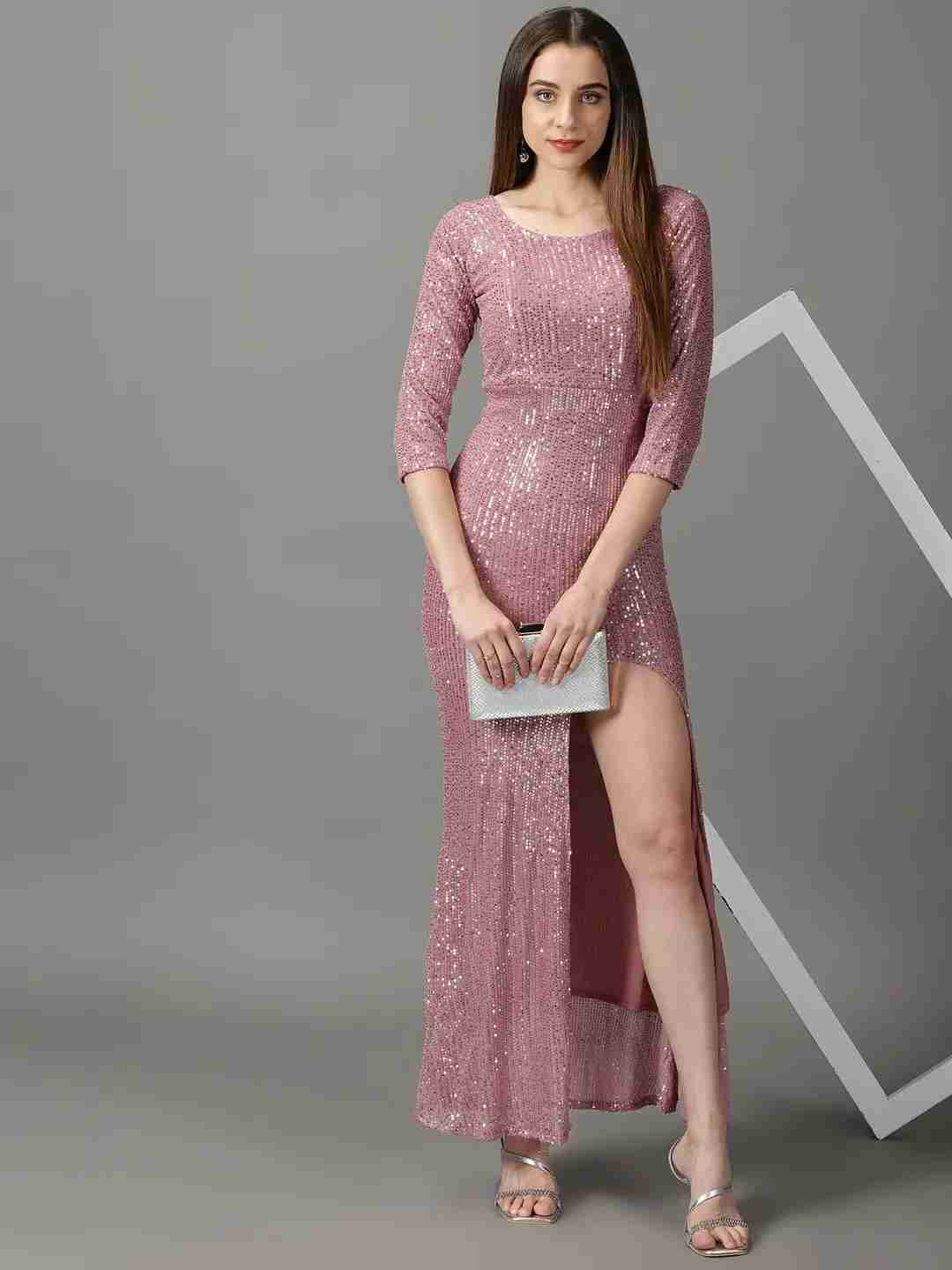 SHOWOFF Women Pink Embellished Round Neck Three-Quarter Sleeves Maxi Bodycon Dress