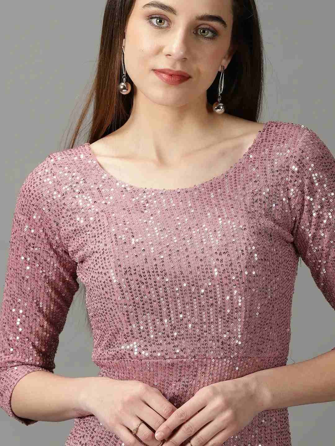 SHOWOFF Women Pink Embellished Round Neck Three-Quarter Sleeves Maxi Bodycon Dress