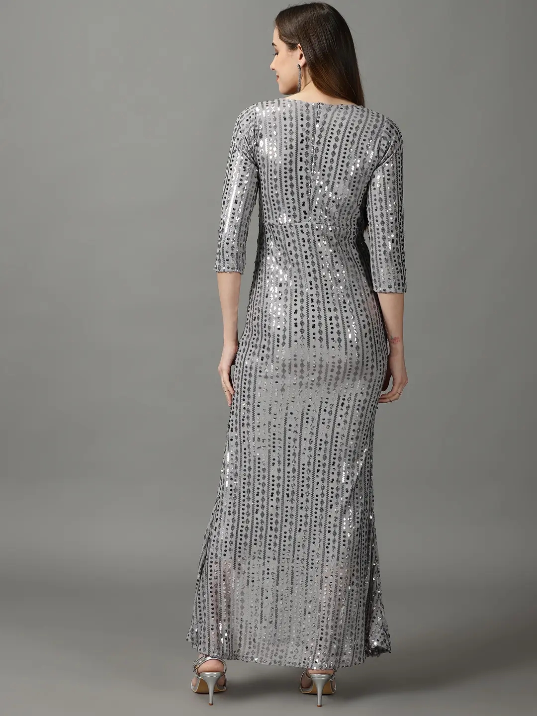 Showoff | SHOWOFF Women Grey Embellished Round Neck Three-Quarter Sleeves Maxi Bodycon Dress 3