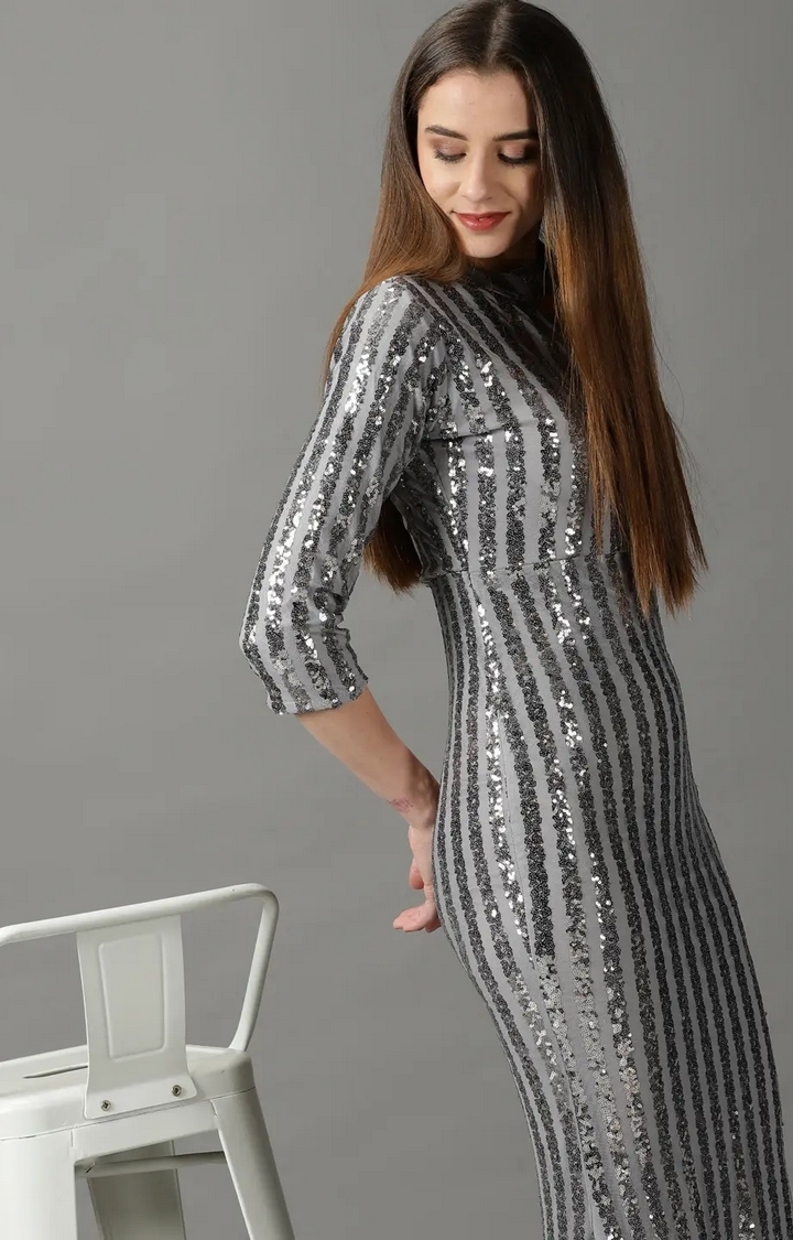 Showoff | SHOWOFF Women Grey Striped Asymmetric Neck Three-Quarter Sleeves Maxi Bodycon Dress 1