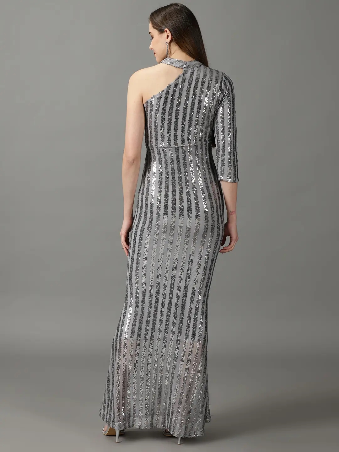 Showoff | SHOWOFF Women Grey Striped Asymmetric Neck Three-Quarter Sleeves Maxi Bodycon Dress 3