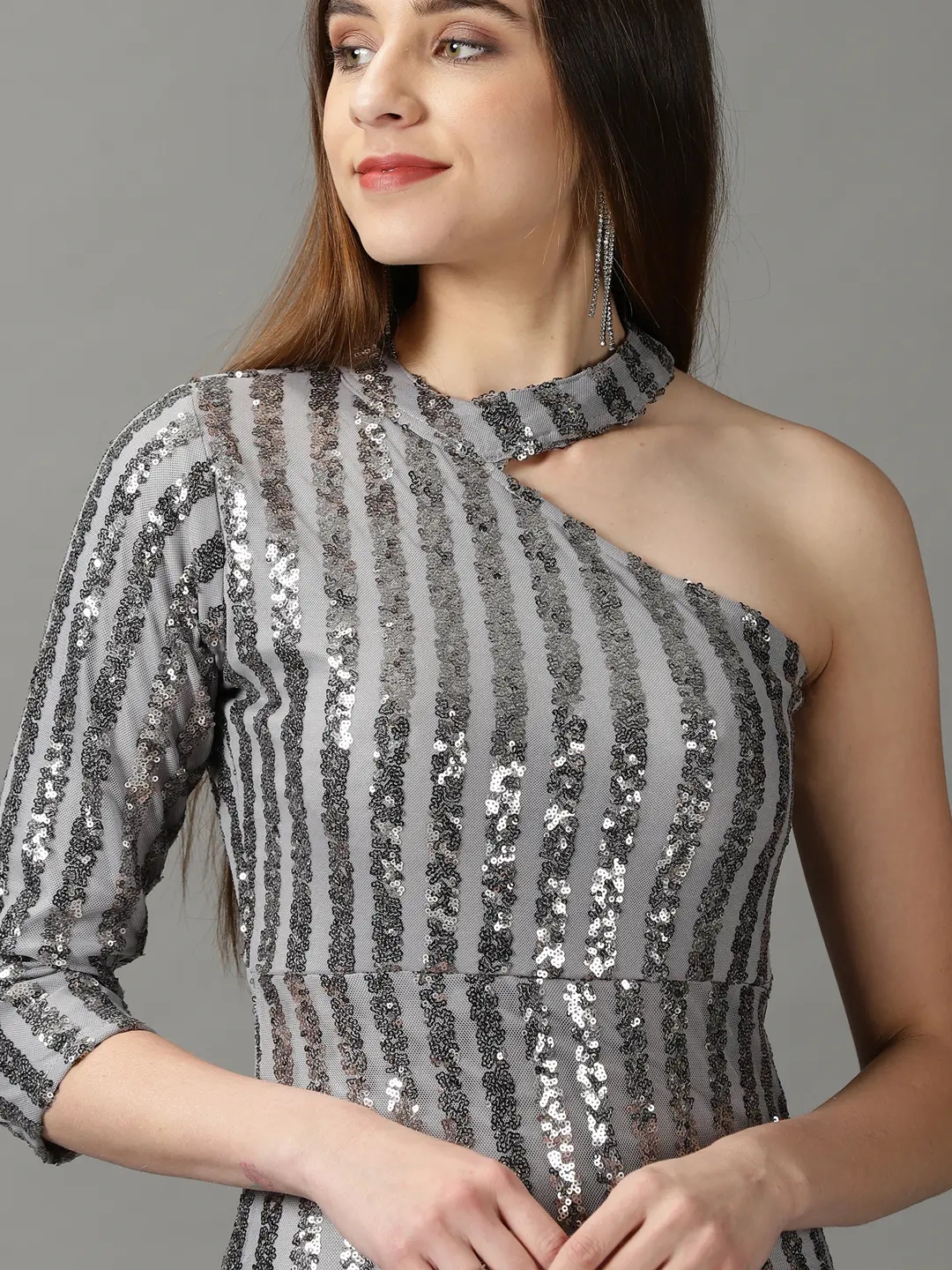 Showoff | SHOWOFF Women Grey Striped Asymmetric Neck Three-Quarter Sleeves Maxi Bodycon Dress 5