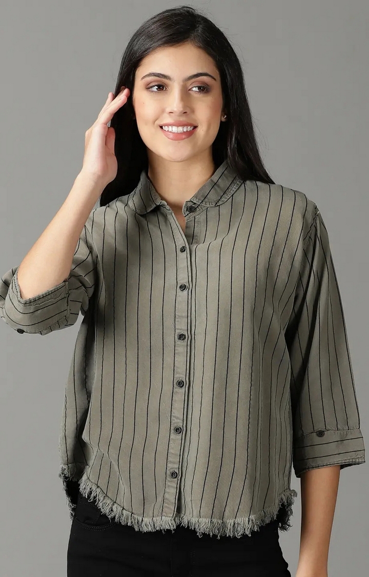 Showoff | SHOWOFF Women Grey Striped Collar Three-Quarter Sleeves Boxy Casual Shirt 0