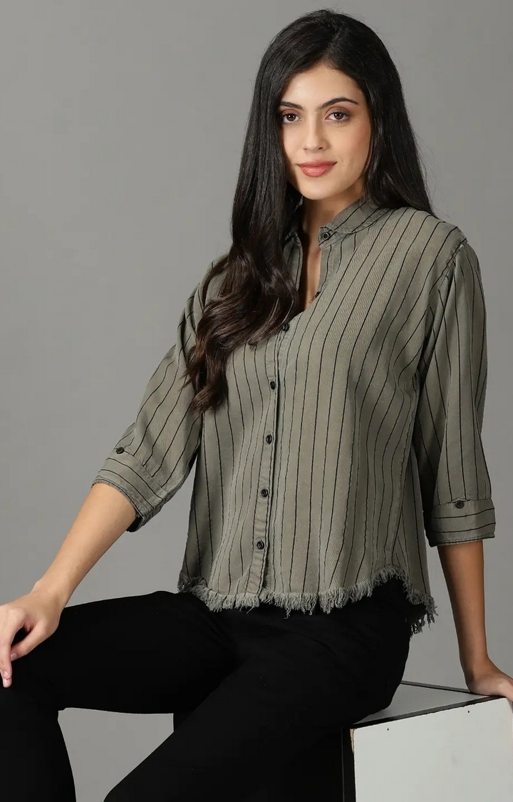 Showoff | SHOWOFF Women Grey Striped Collar Three-Quarter Sleeves Boxy Casual Shirt 1