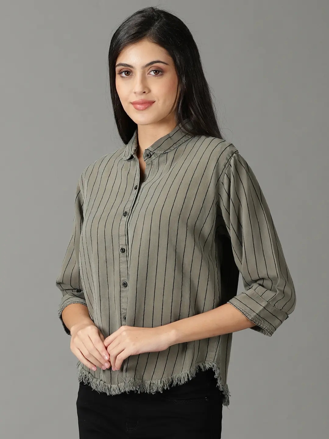 Showoff | SHOWOFF Women Grey Striped Collar Three-Quarter Sleeves Boxy Casual Shirt 2