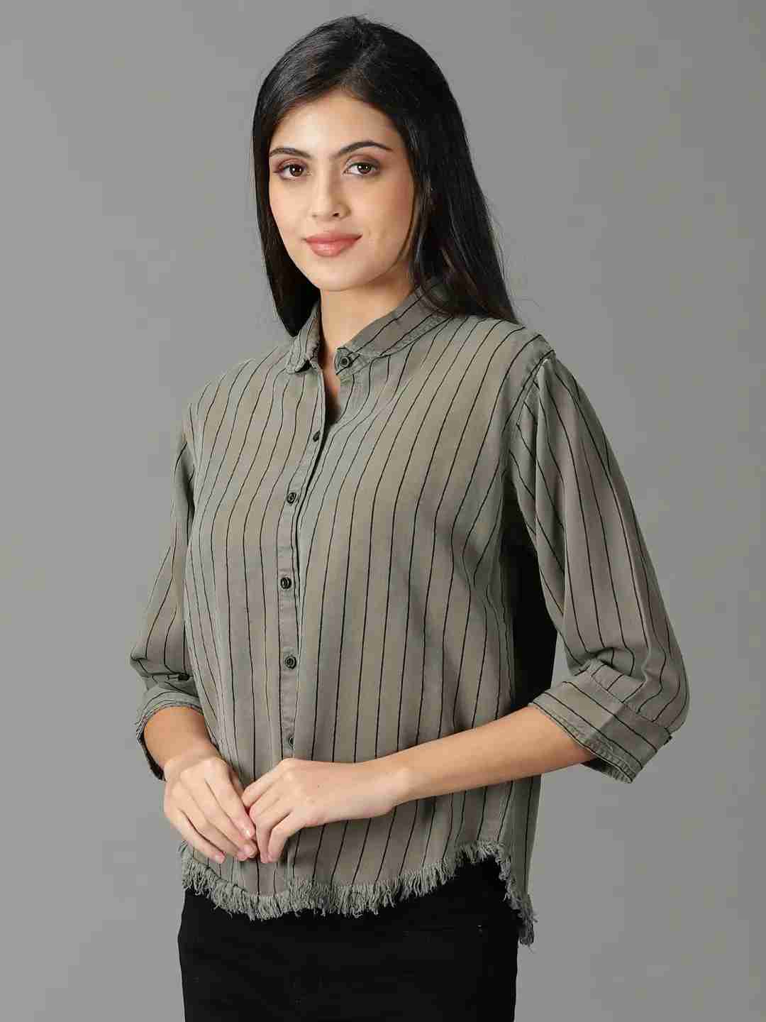 Showoff | SHOWOFF Women Grey Striped Collar Three-Quarter Sleeves Boxy Casual Shirt 2