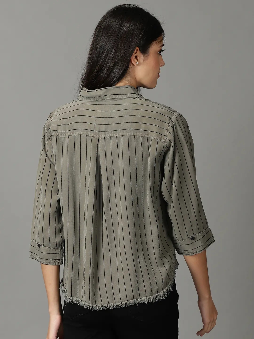 Showoff | SHOWOFF Women Grey Striped Collar Three-Quarter Sleeves Boxy Casual Shirt 3