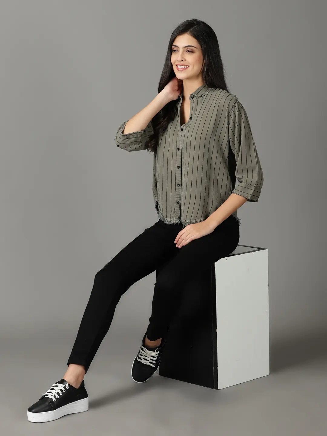Showoff | SHOWOFF Women Grey Striped Collar Three-Quarter Sleeves Boxy Casual Shirt 4