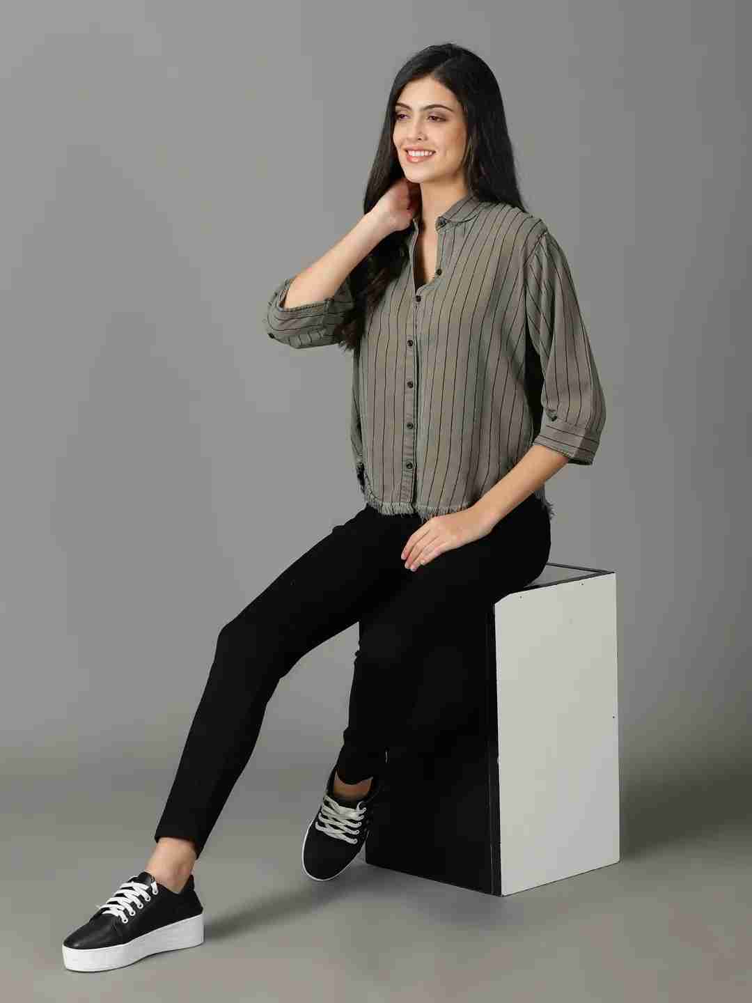 Showoff | SHOWOFF Women Grey Striped Collar Three-Quarter Sleeves Boxy Casual Shirt 4