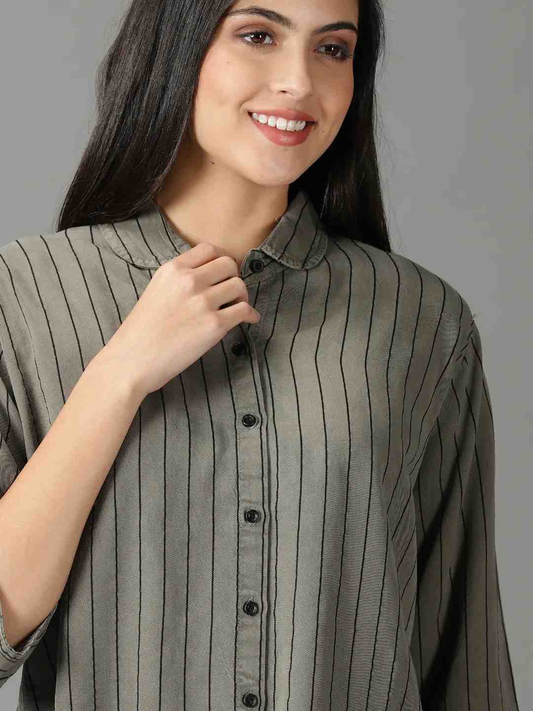 Showoff | SHOWOFF Women Grey Striped Collar Three-Quarter Sleeves Boxy Casual Shirt 5