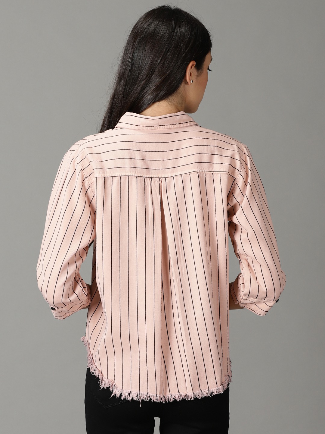 SHOWOFF Women Pink Striped Collar Three-Quarter Sleeves Boxy Casual Shirt