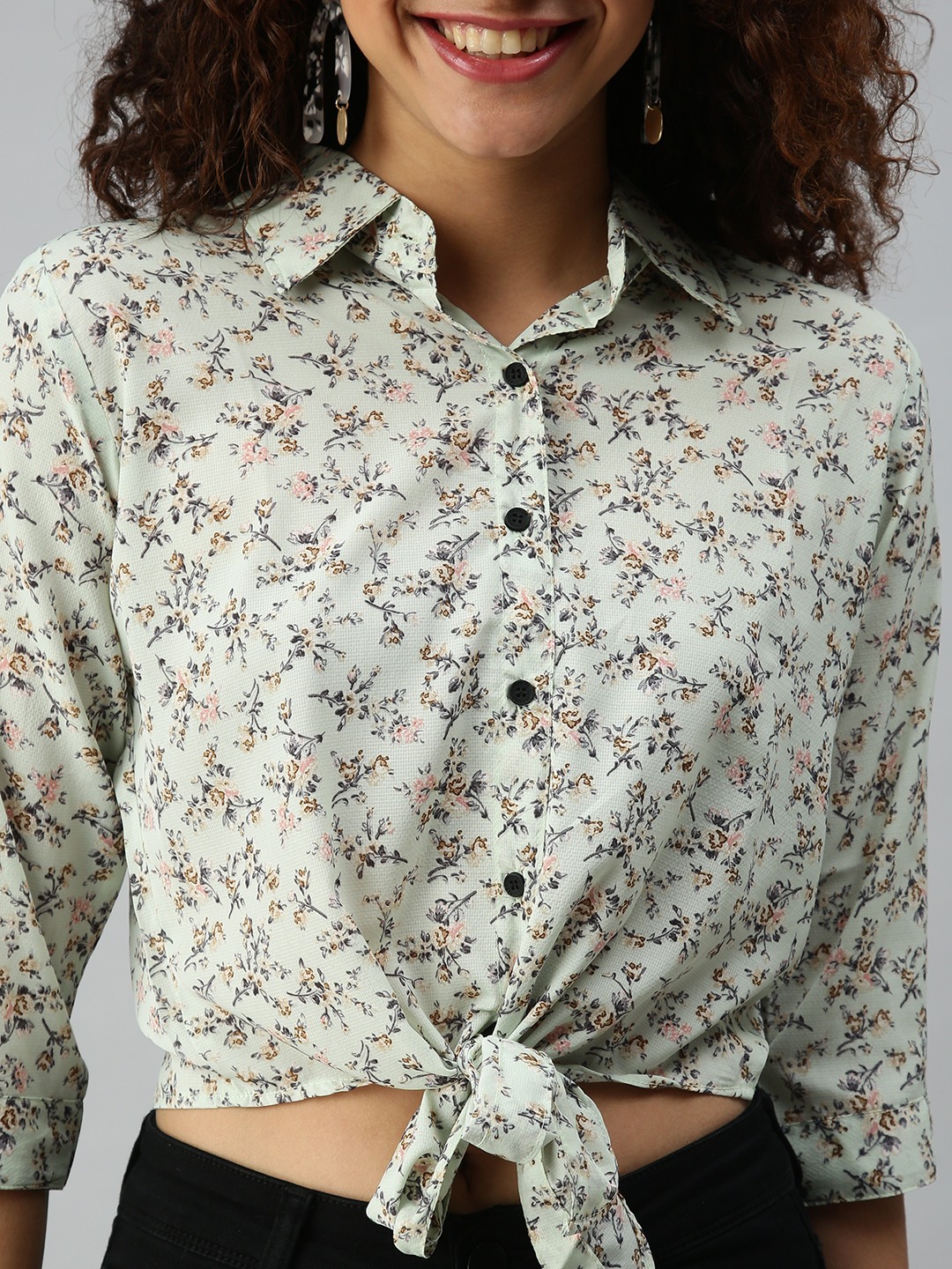 SHOWOFF Women Green Self Design Shirt Collar Three-Quarter Sleeves Crop Top
