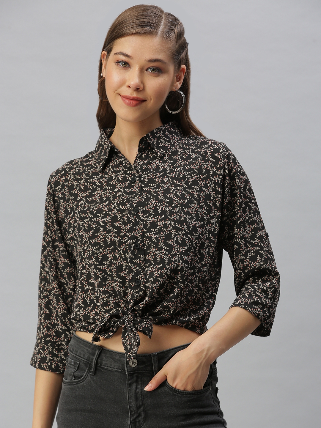 Showoff | SHOWOFF Women's Regular Fit Regular Sleeves Black Floral Shirt 1