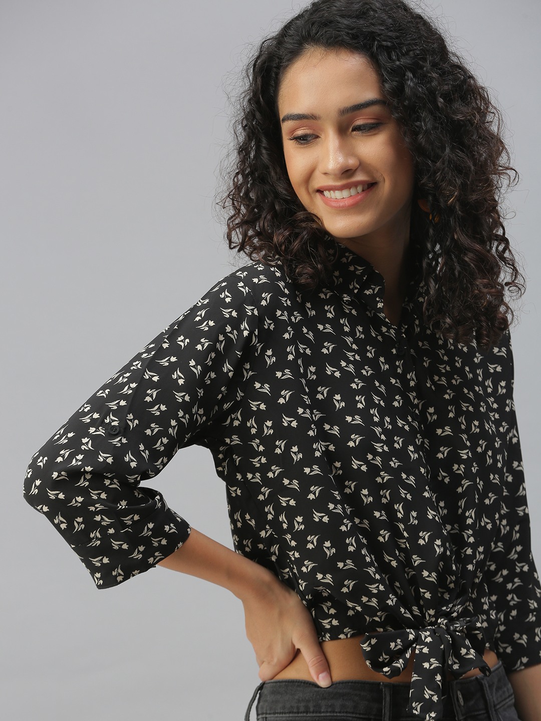 Showoff | SHOWOFF Women's Regular Fit Roll-Up Sleeves Black Floral Shirt 0