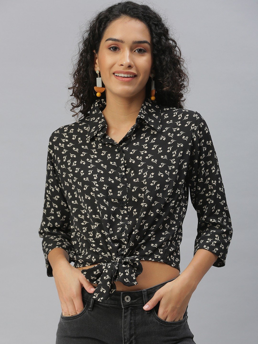 Showoff | SHOWOFF Women's Regular Fit Roll-Up Sleeves Black Floral Shirt 1