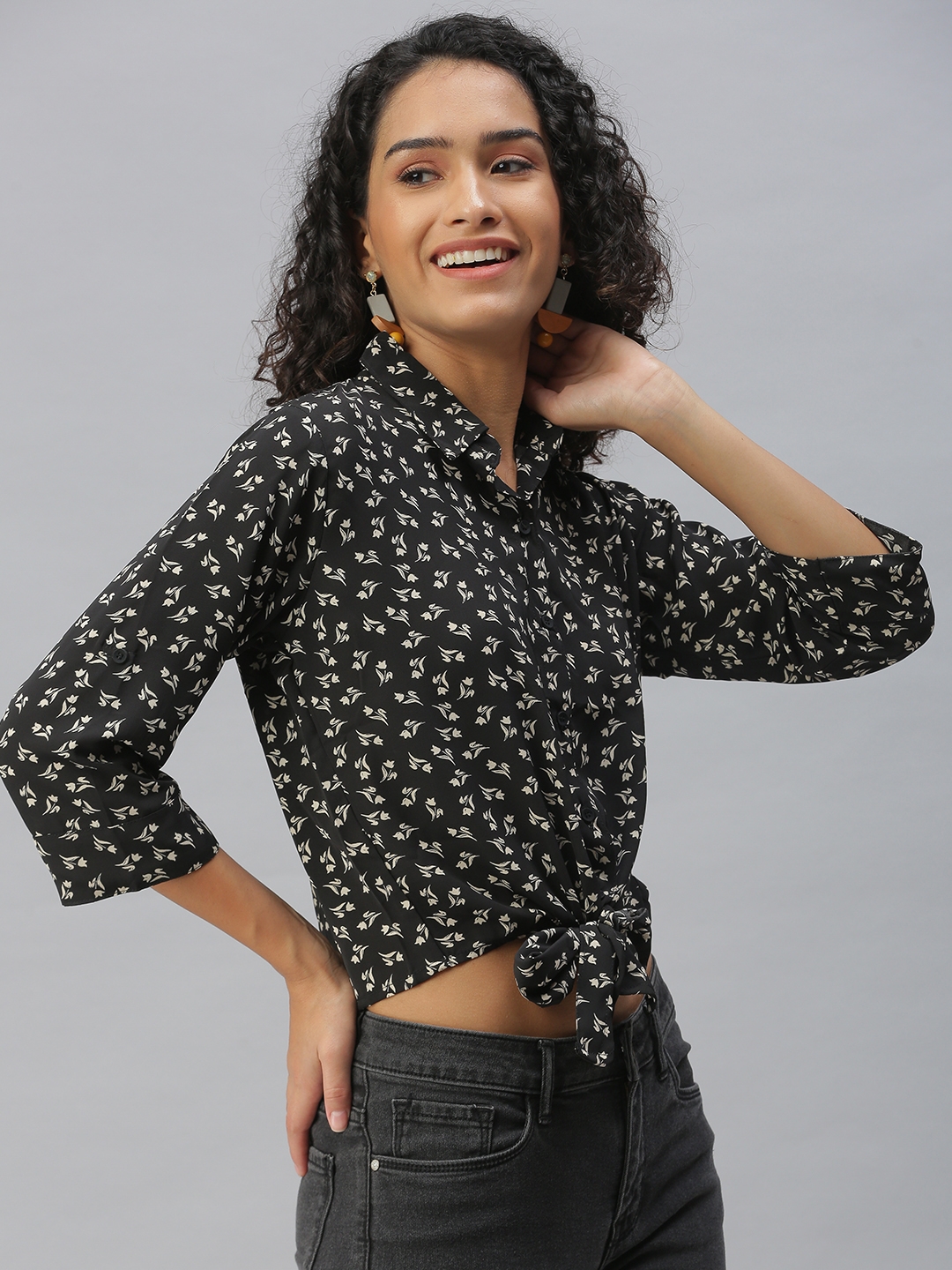 Showoff | SHOWOFF Women's Regular Fit Roll-Up Sleeves Black Floral Shirt 2