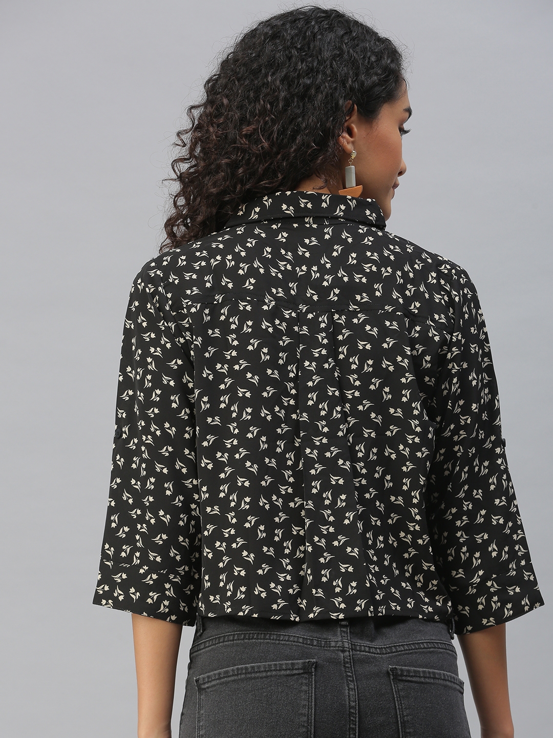 Showoff | SHOWOFF Women's Regular Fit Roll-Up Sleeves Black Floral Shirt 3