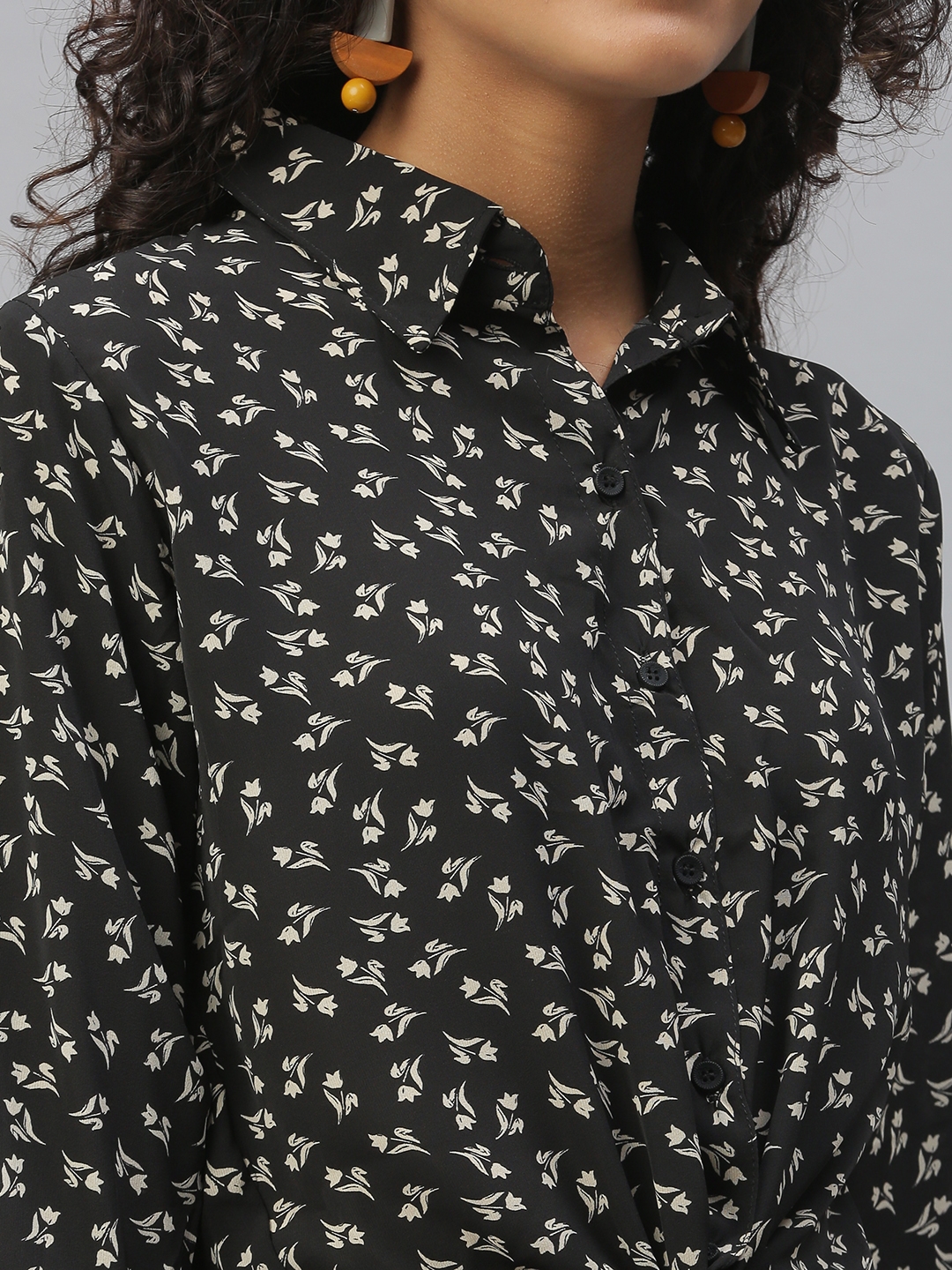 Showoff | SHOWOFF Women's Regular Fit Roll-Up Sleeves Black Floral Shirt 5