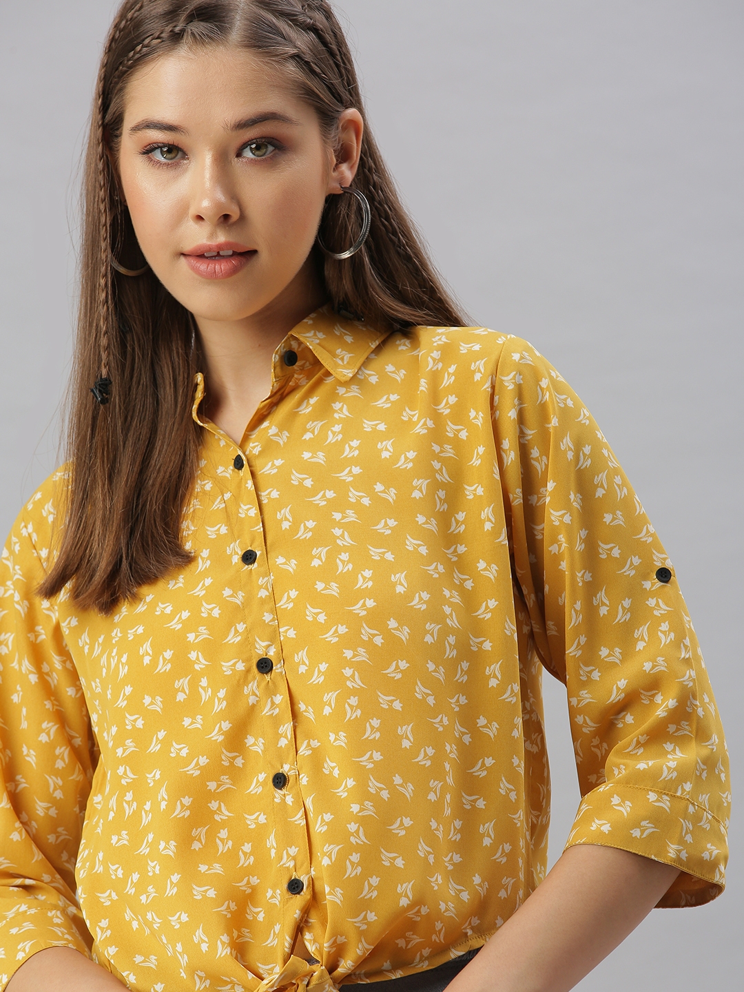 Showoff | SHOWOFF Women's Regular Fit Roll-Up Sleeves Mustard Floral Shirt 0