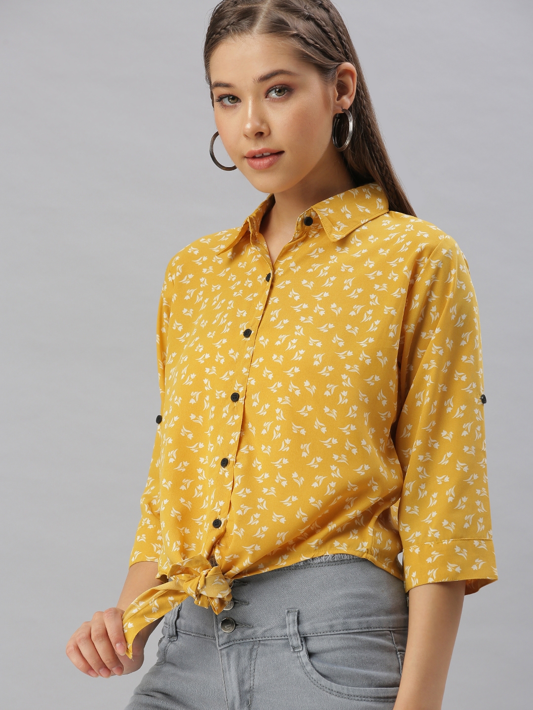 Showoff | SHOWOFF Women's Regular Fit Roll-Up Sleeves Mustard Floral Shirt 2