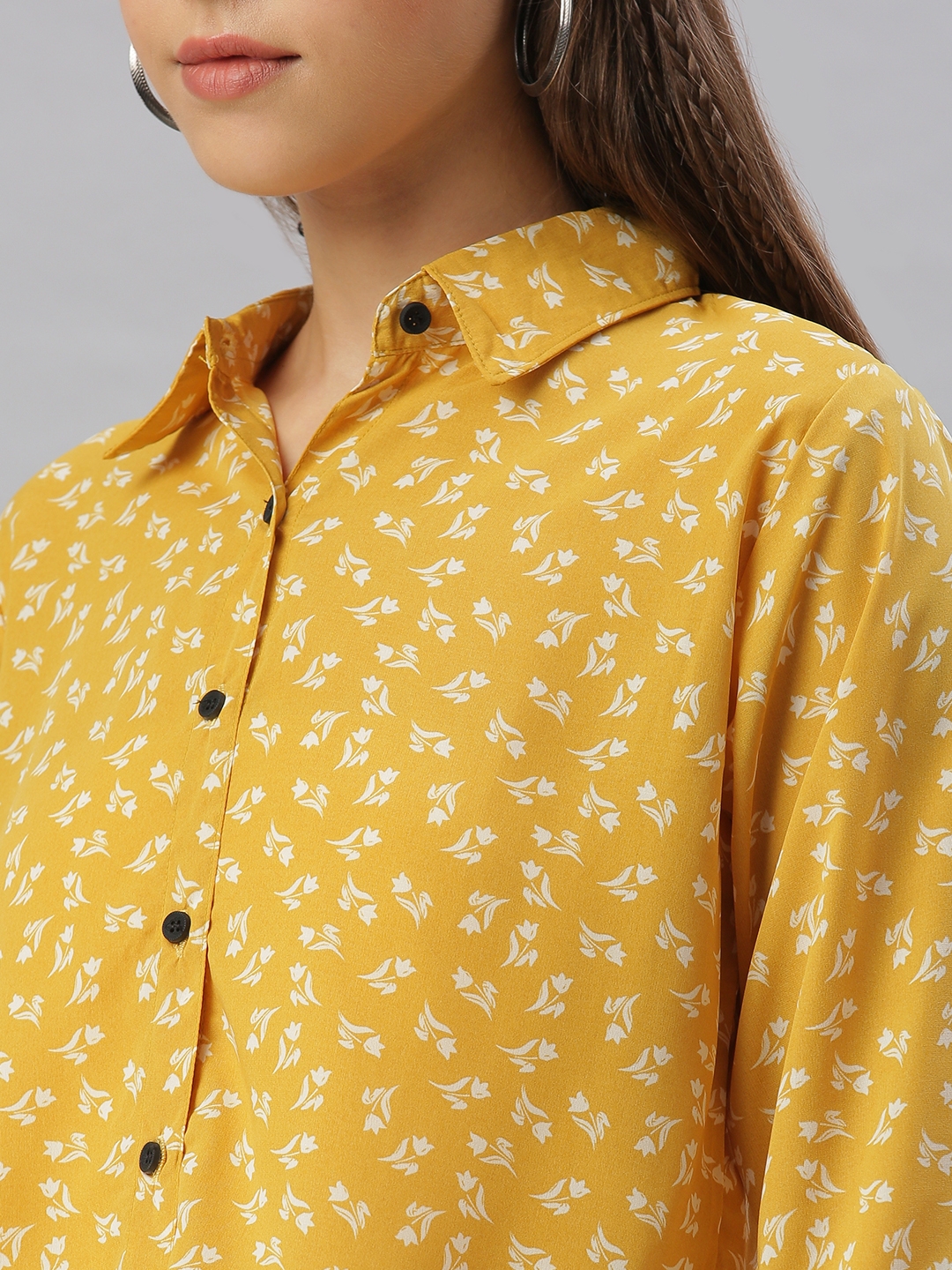 Showoff | SHOWOFF Women's Regular Fit Roll-Up Sleeves Mustard Floral Shirt 5