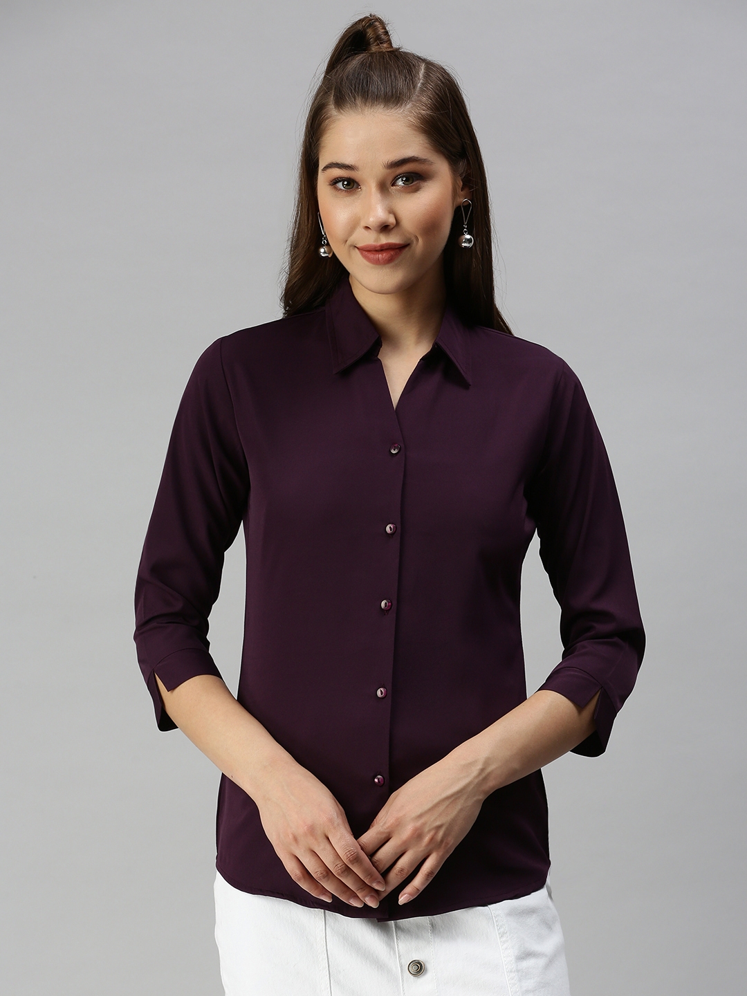 Showoff | SHOWOFF Women Magenta Solid Spread Collar Three-Quarter Sleeves Casual Shirt 0