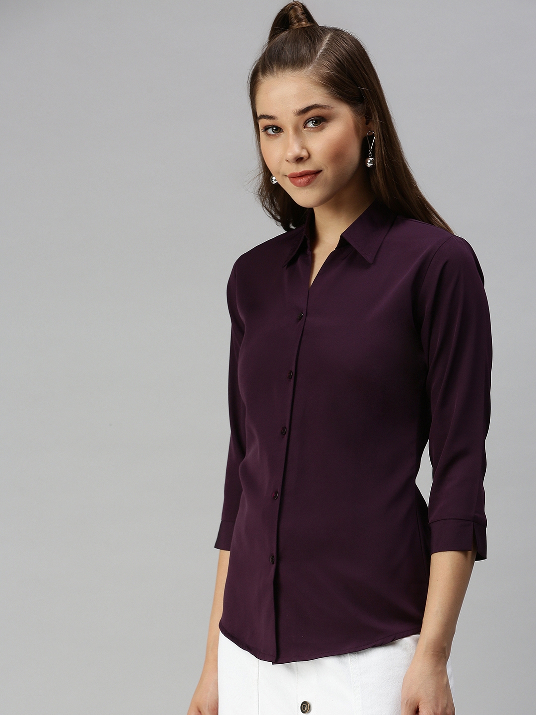 Showoff | SHOWOFF Women Magenta Solid Spread Collar Three-Quarter Sleeves Casual Shirt 1