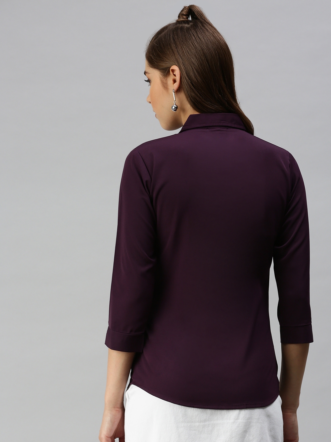 Showoff | SHOWOFF Women Magenta Solid Spread Collar Three-Quarter Sleeves Casual Shirt 2