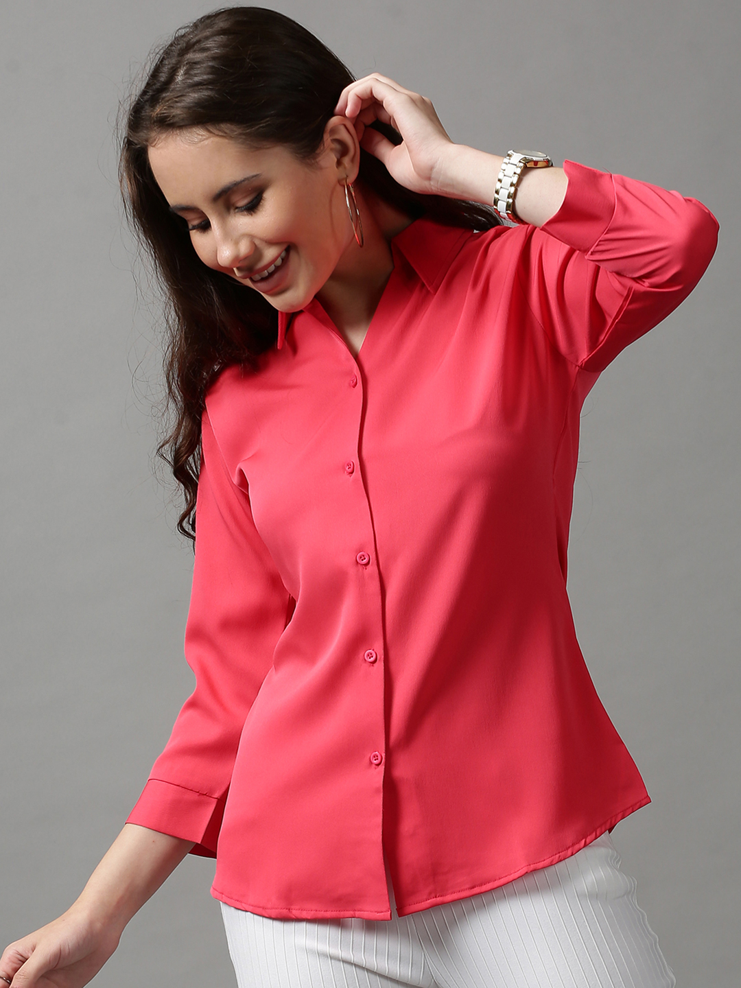 SHOWOFF Women Pink Solid Spread Collar Three-Quarter Sleeves Casual Shirt