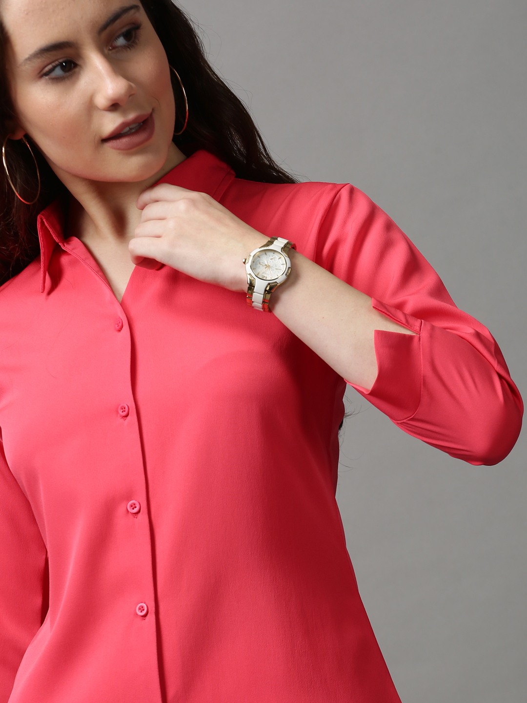 SHOWOFF Women Pink Solid Spread Collar Three-Quarter Sleeves Casual Shirt
