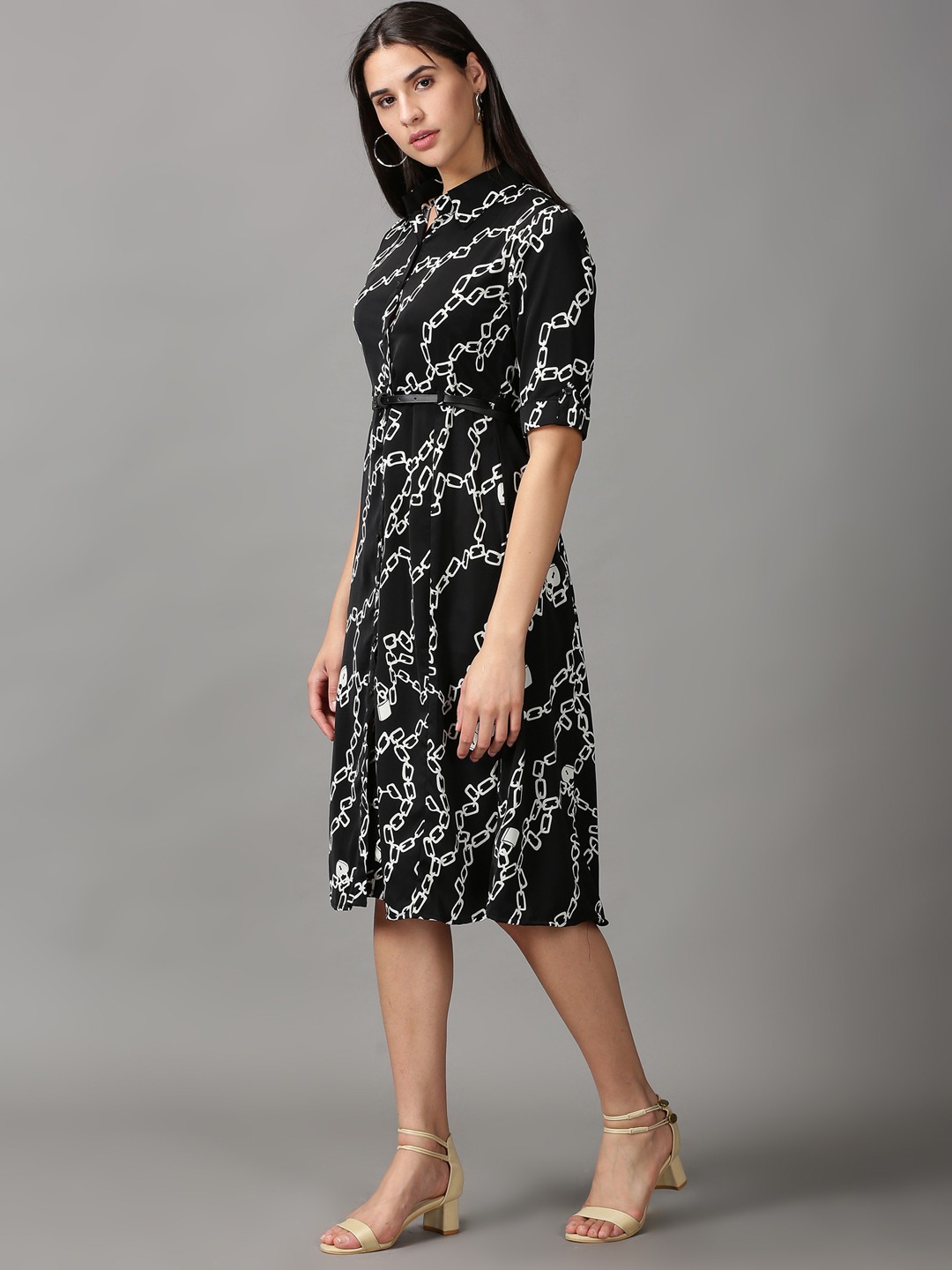 SHOWOFF Women Black Printed Shirt Collar Short Sleeves Knee length Fit and Flare Dress