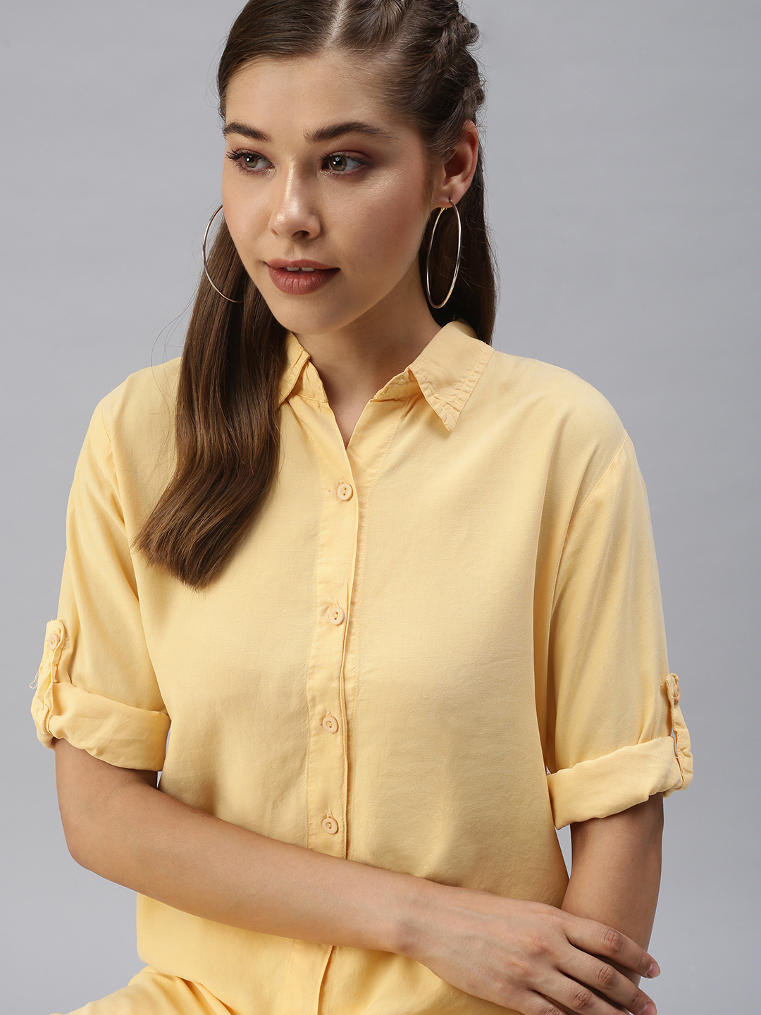 SHOWOFF Women Mustard Solid Shirt Collar Full Sleeves Knee length Shirt Dress