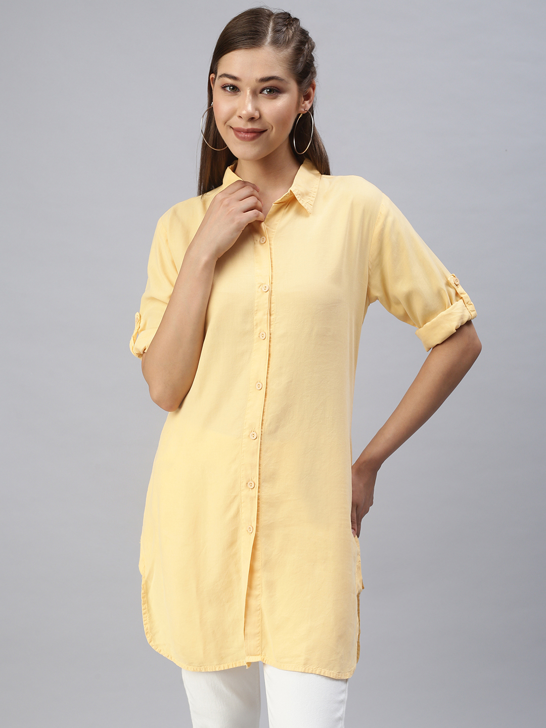 SHOWOFF Women Mustard Solid Shirt Collar Full Sleeves Knee length Shirt Dress