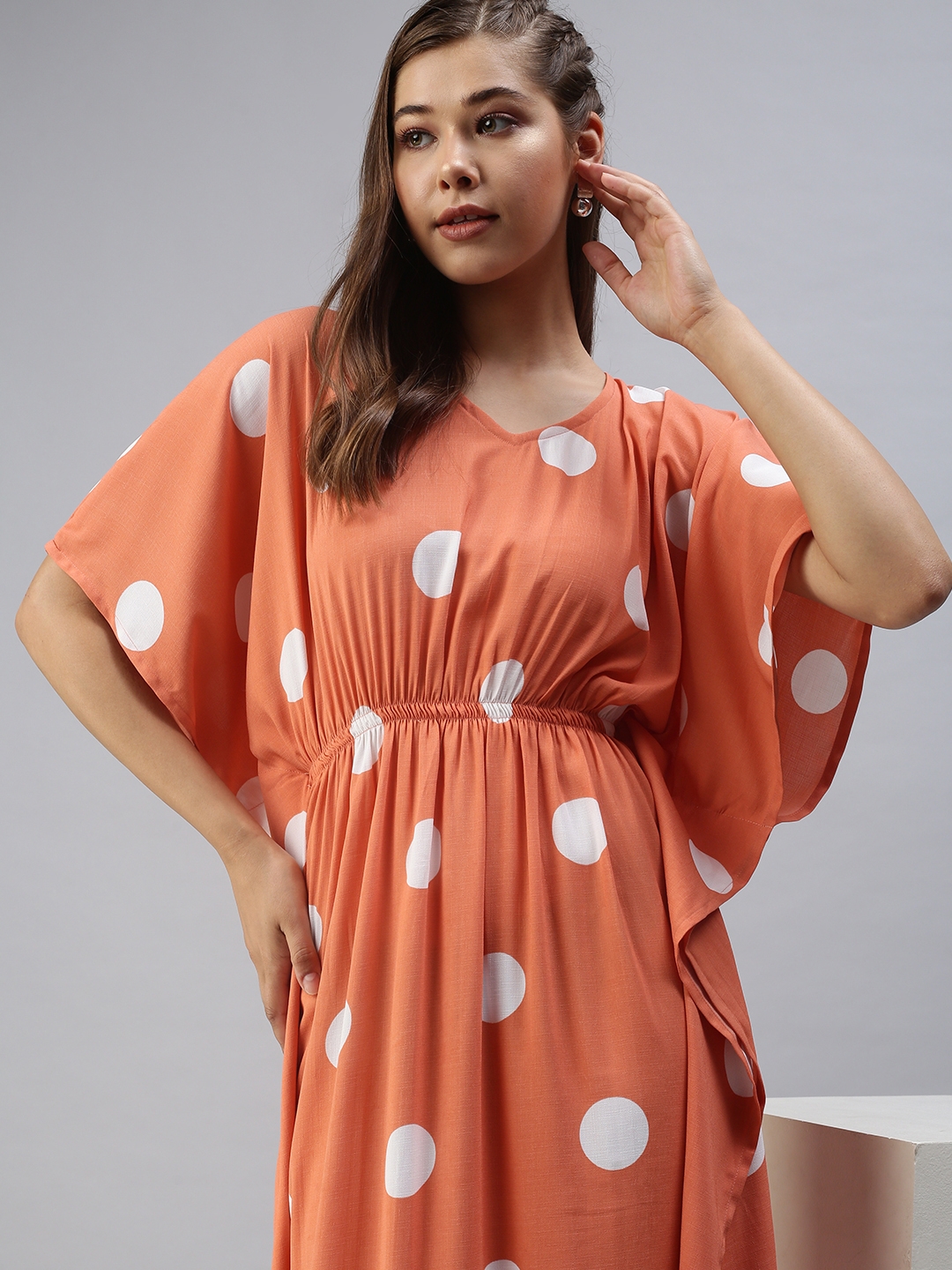 Showoff | SHOWOFF Women Orange Printed V Neck Short Sleeves Maxi Empire Dress 0