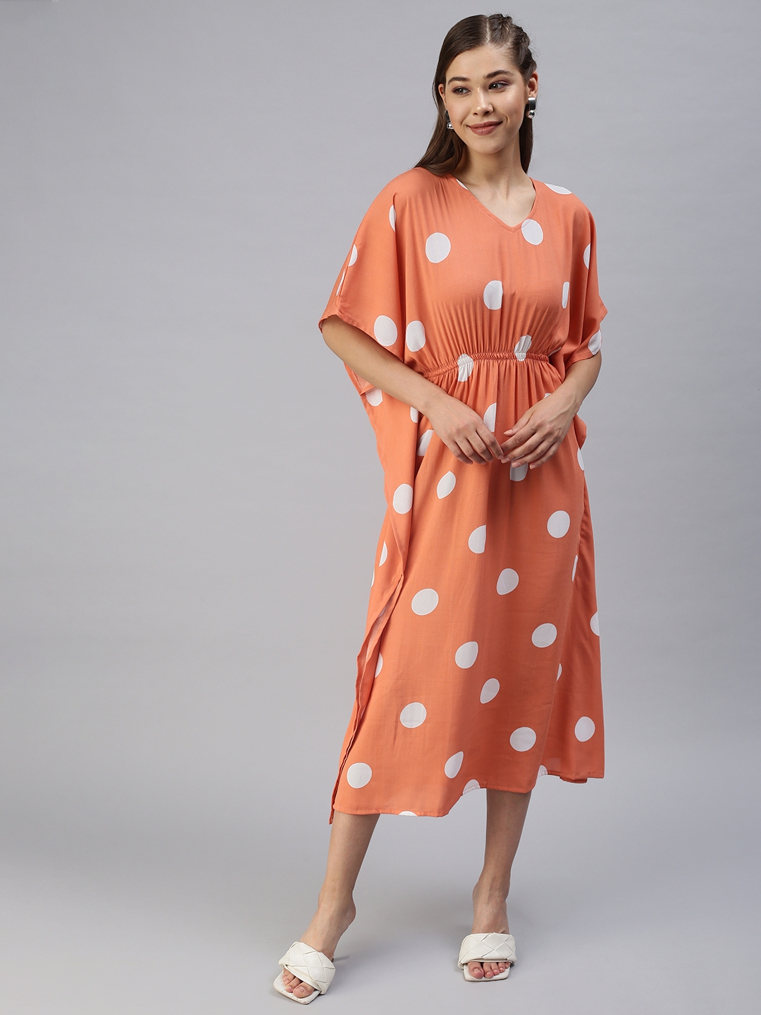 Showoff | SHOWOFF Women Orange Printed V Neck Short Sleeves Maxi Empire Dress 1