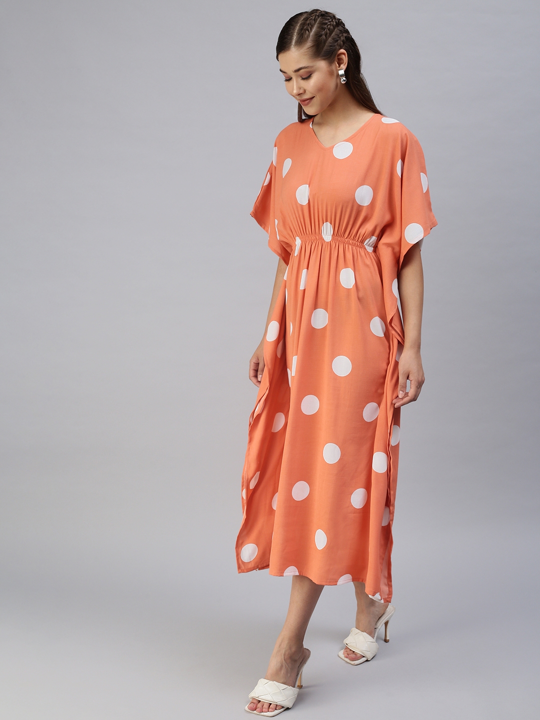 Showoff | SHOWOFF Women Orange Printed V Neck Short Sleeves Maxi Empire Dress 2