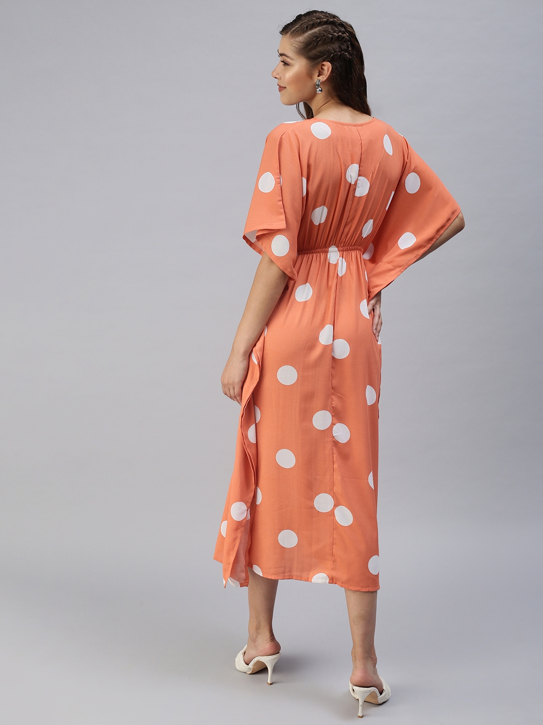 Showoff | SHOWOFF Women Orange Printed V Neck Short Sleeves Maxi Empire Dress 3