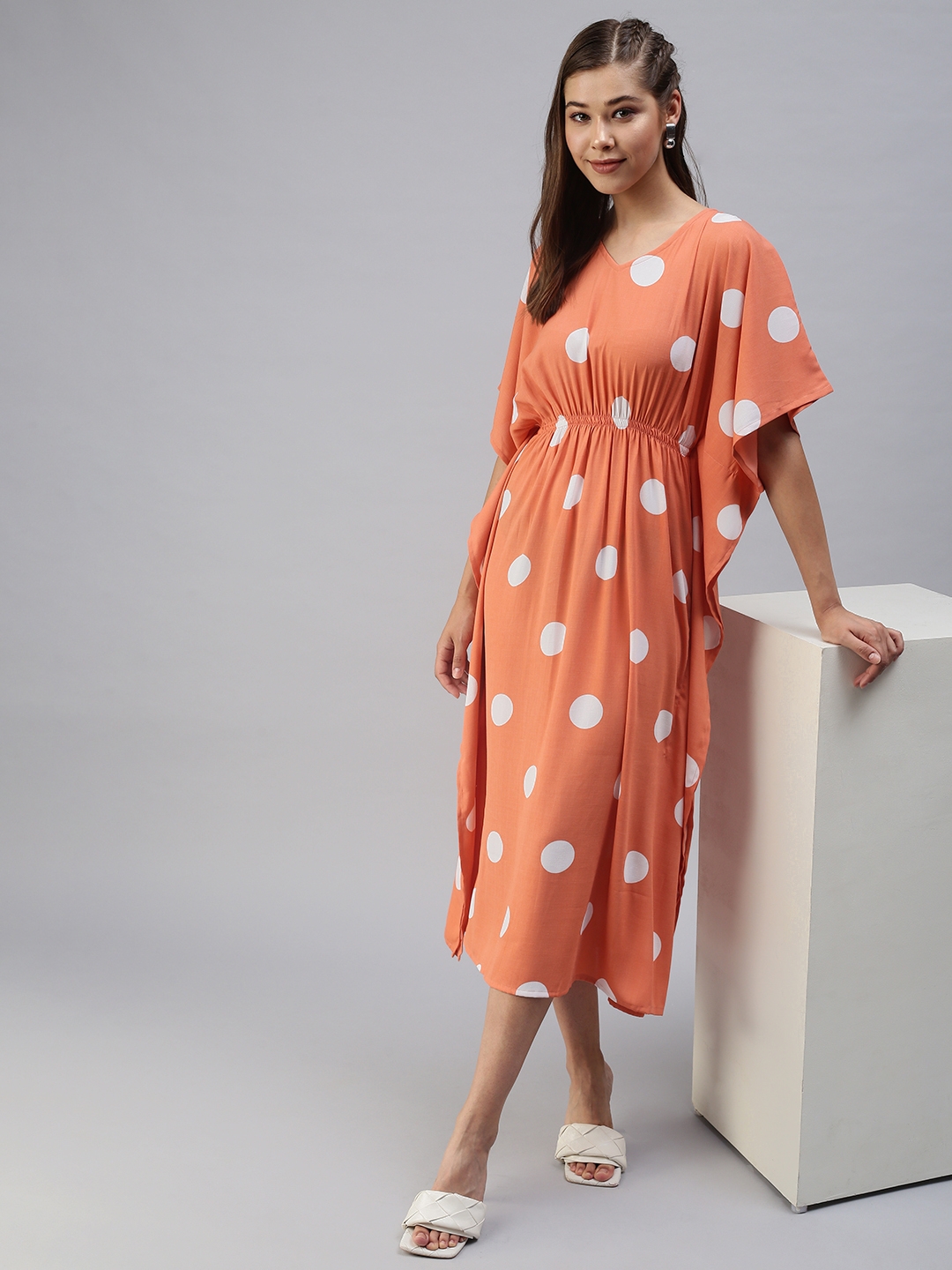 Showoff | SHOWOFF Women Orange Printed V Neck Short Sleeves Maxi Empire Dress 4