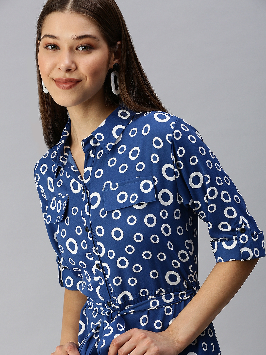 Showoff | SHOWOFF Women's Geometric Blue Shirt Dress 0