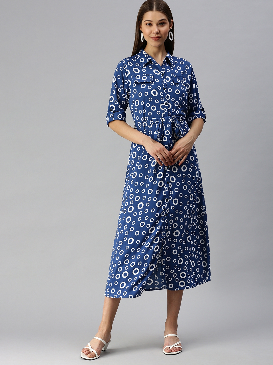 Showoff | SHOWOFF Women's Geometric Blue Shirt Dress 1