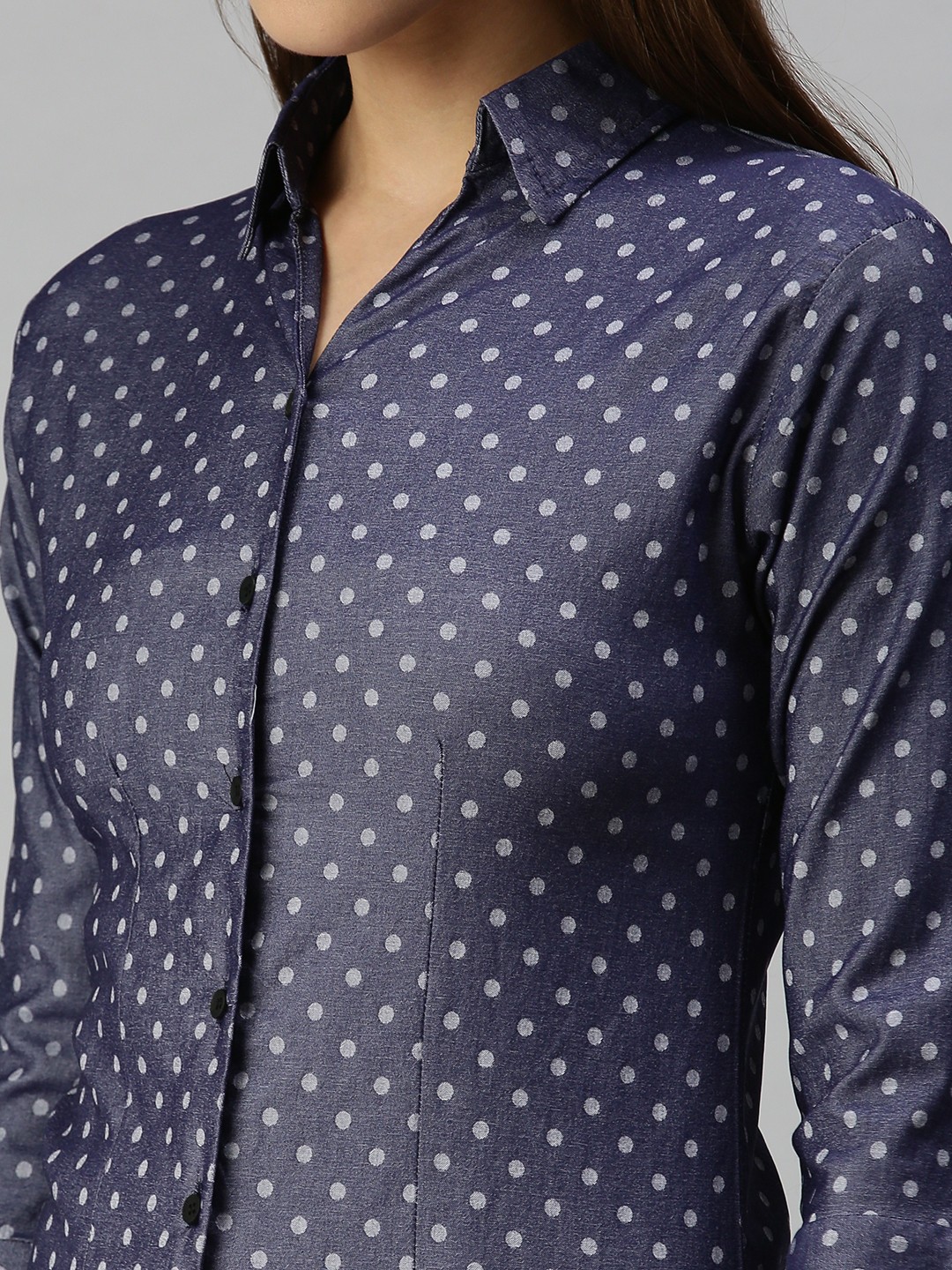 Navy blue polka dot shirt womens top