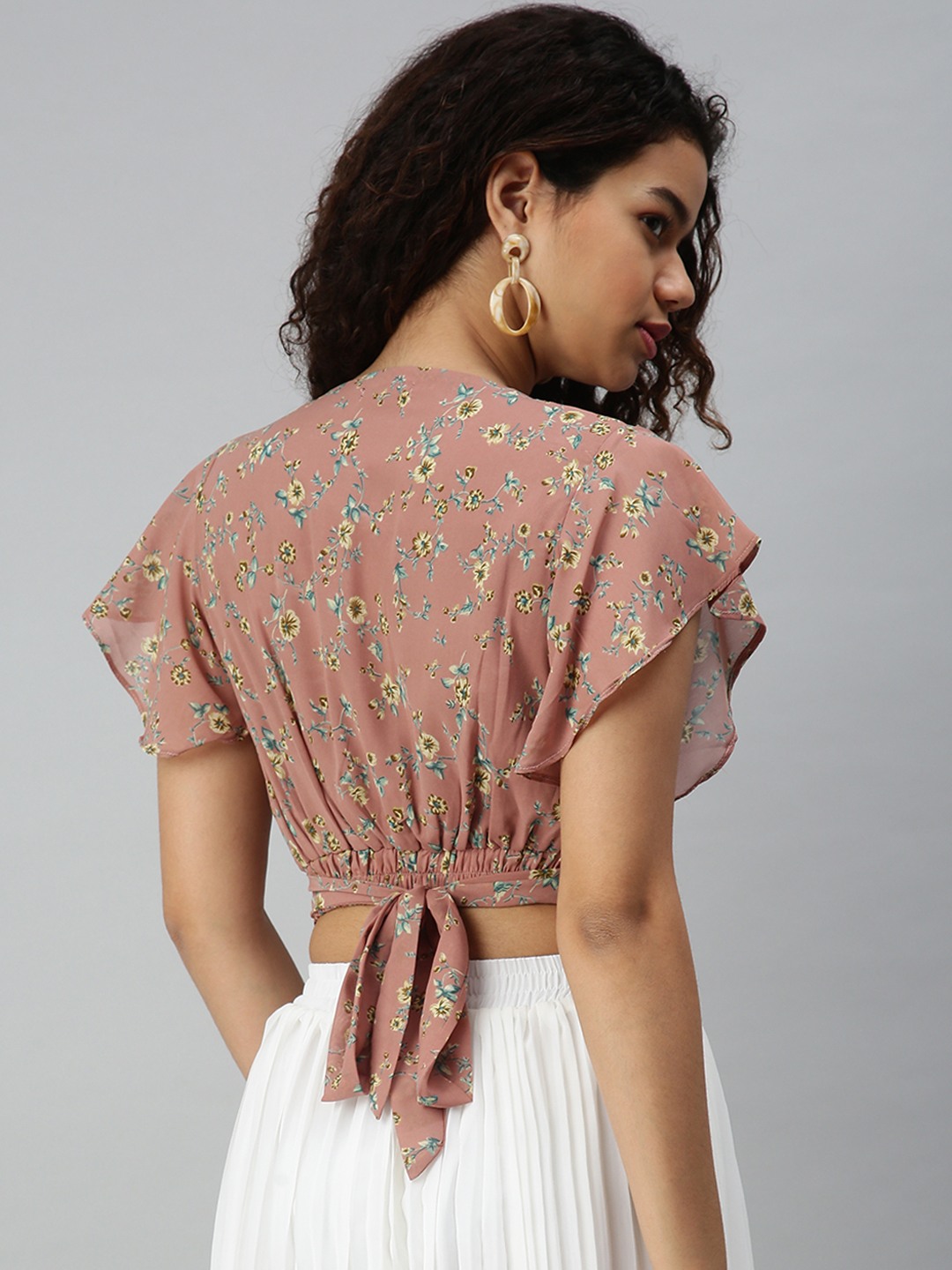 SHOWOFF Women's V-Neck Flared Sleeves Self Design Mauve Top