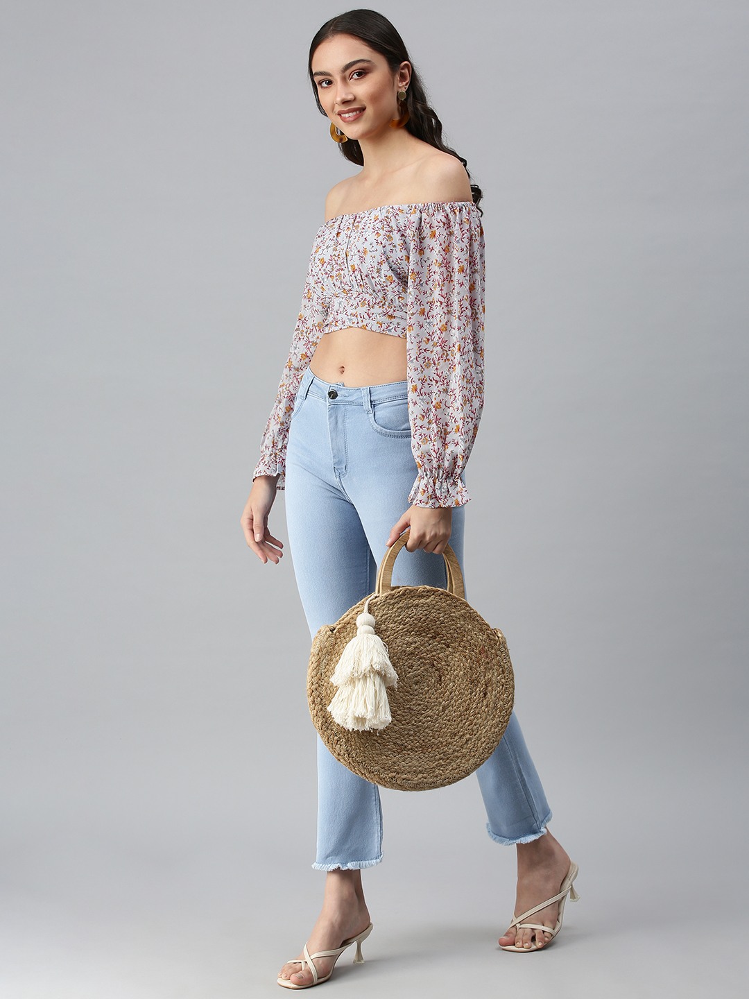 SHOWOFF Women's Off-Shoulder Cuffed Sleeves Printed Grey Top