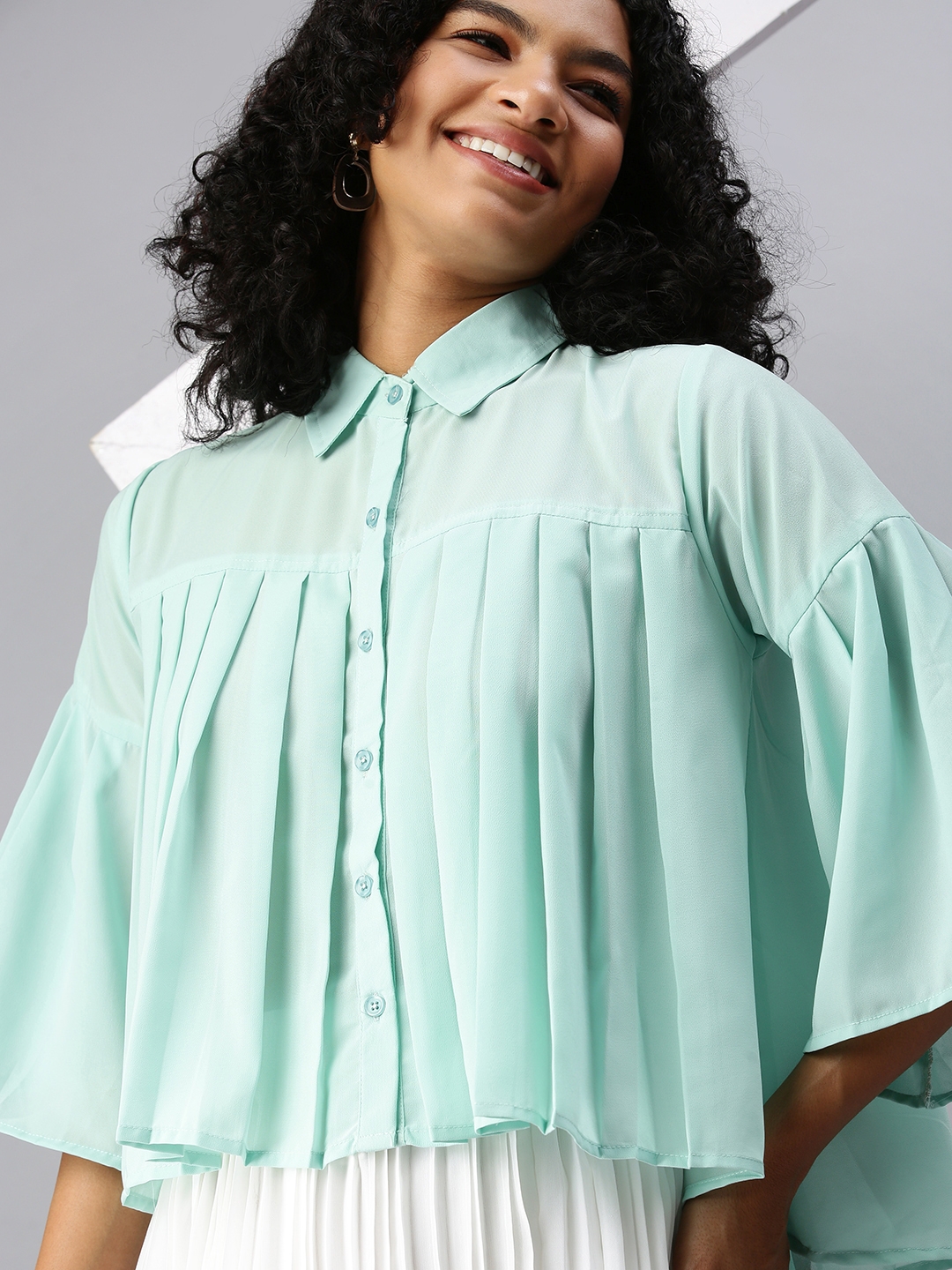 Showoff | SHOWOFF Women Sea Green Solid Shirt Collar Three-Quarter Sleeves Regular A-Line Top 1